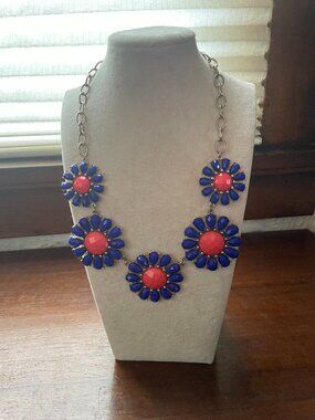 Blue & Coral Floral Statement Necklace | Daisy Flower Bib Necklace